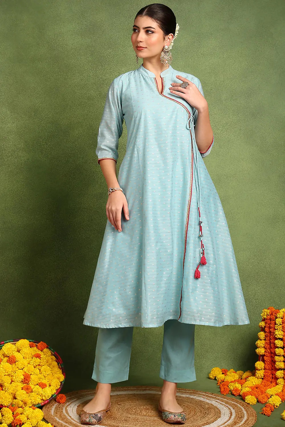 Blue Khari Printed Chanderi Silk Angrakha Kurta