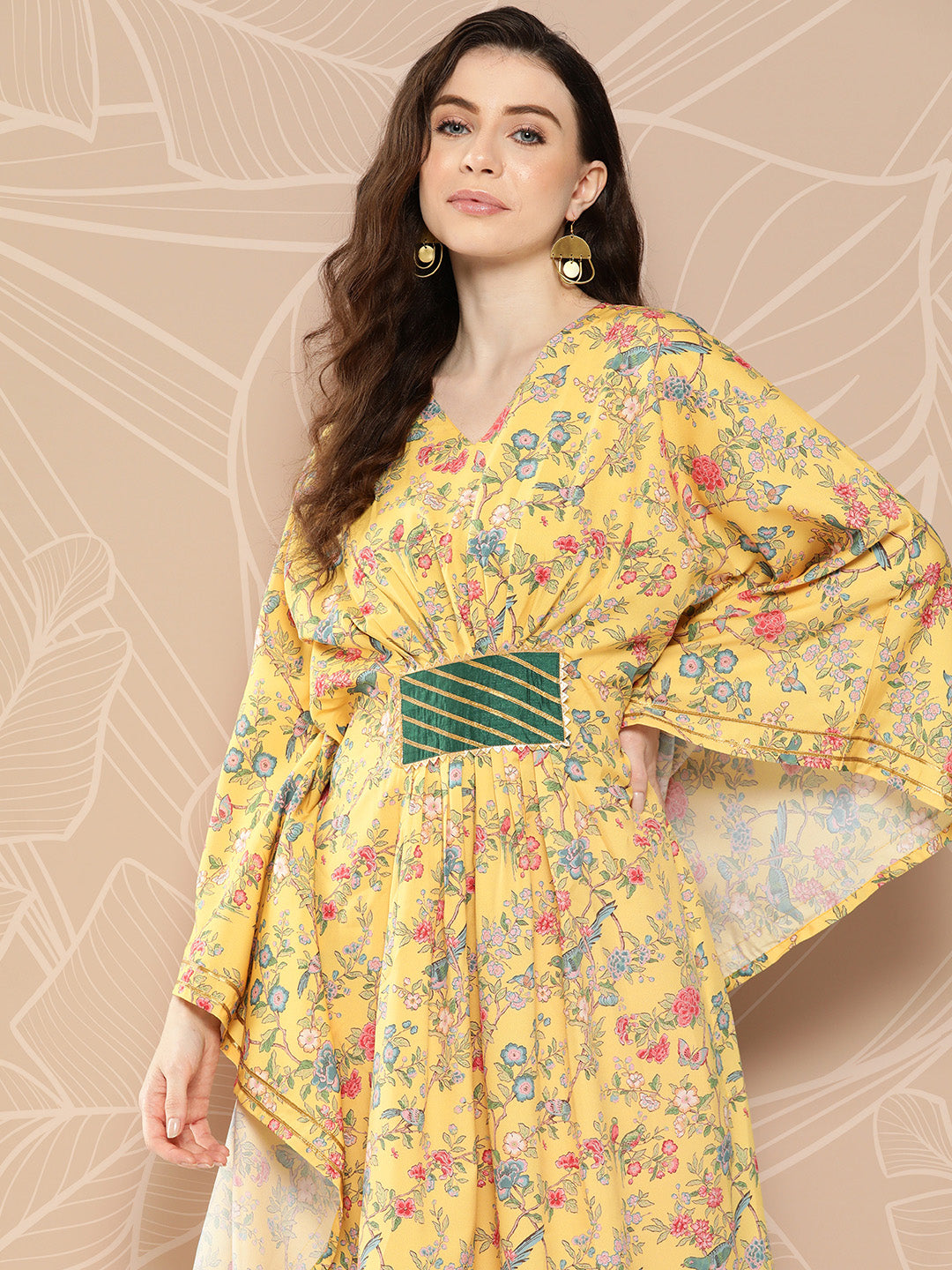 Yellow & Green Floral Printed Gotta Patti Floral Kaftan Kurta