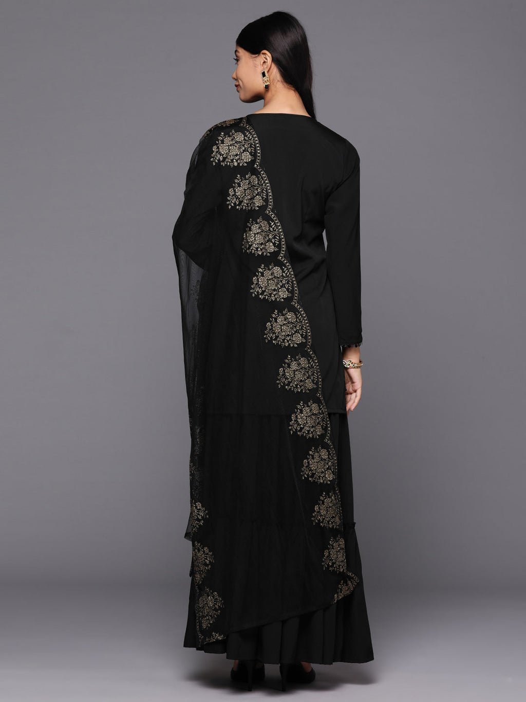 Women's Black Floral Printed Sharara set with Dupatta-AH