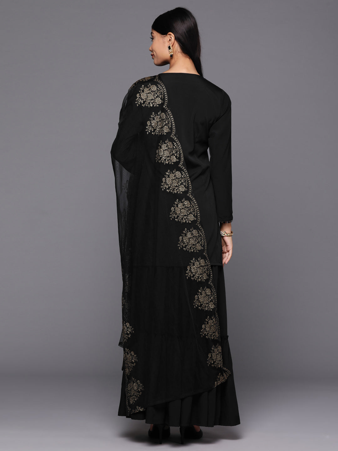 Women's Black Floral Printed Sharara set with Dupatta-AH