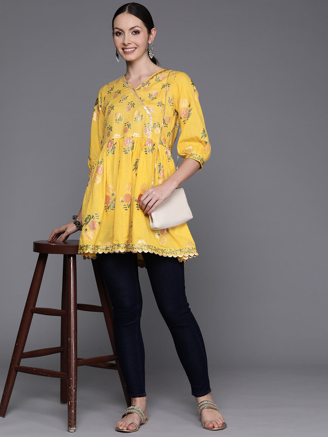 Mustard Yellow & Green Floral Printed Embellished Pure Cotton Tunic