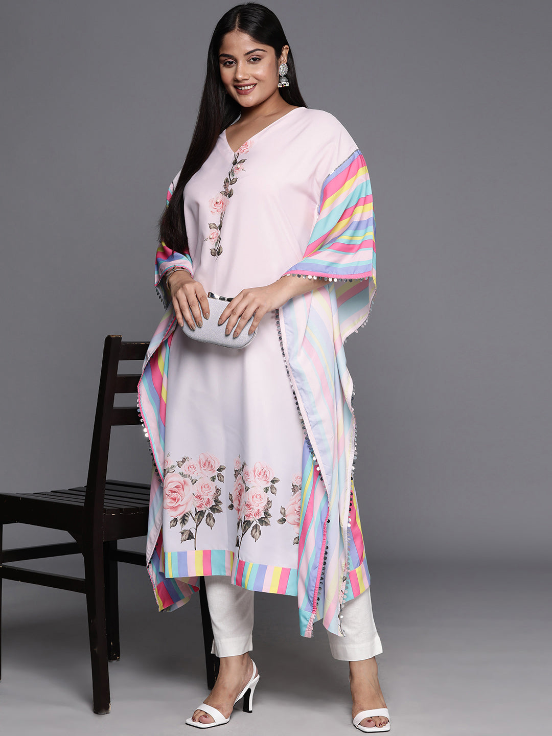 Pink & Yellow Printed Plus Size Kaftan Kurta