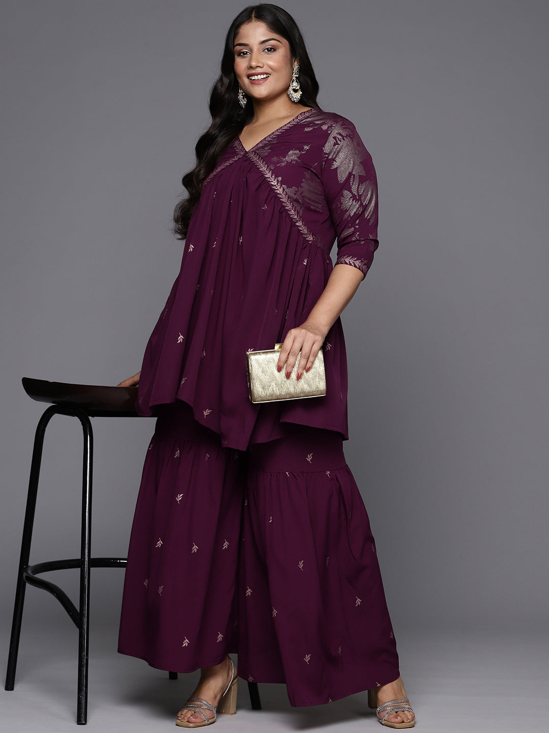 Burgundy & Gold Floral Printed Plus Size Sharara Set