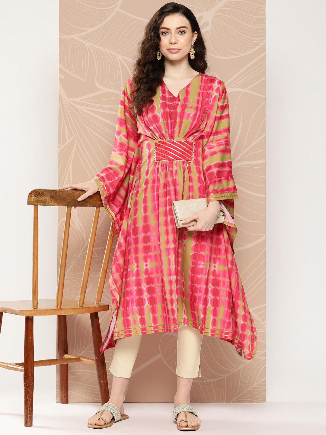 Pink Printed Gotta Patti Belted Detail Kaftan Kurta