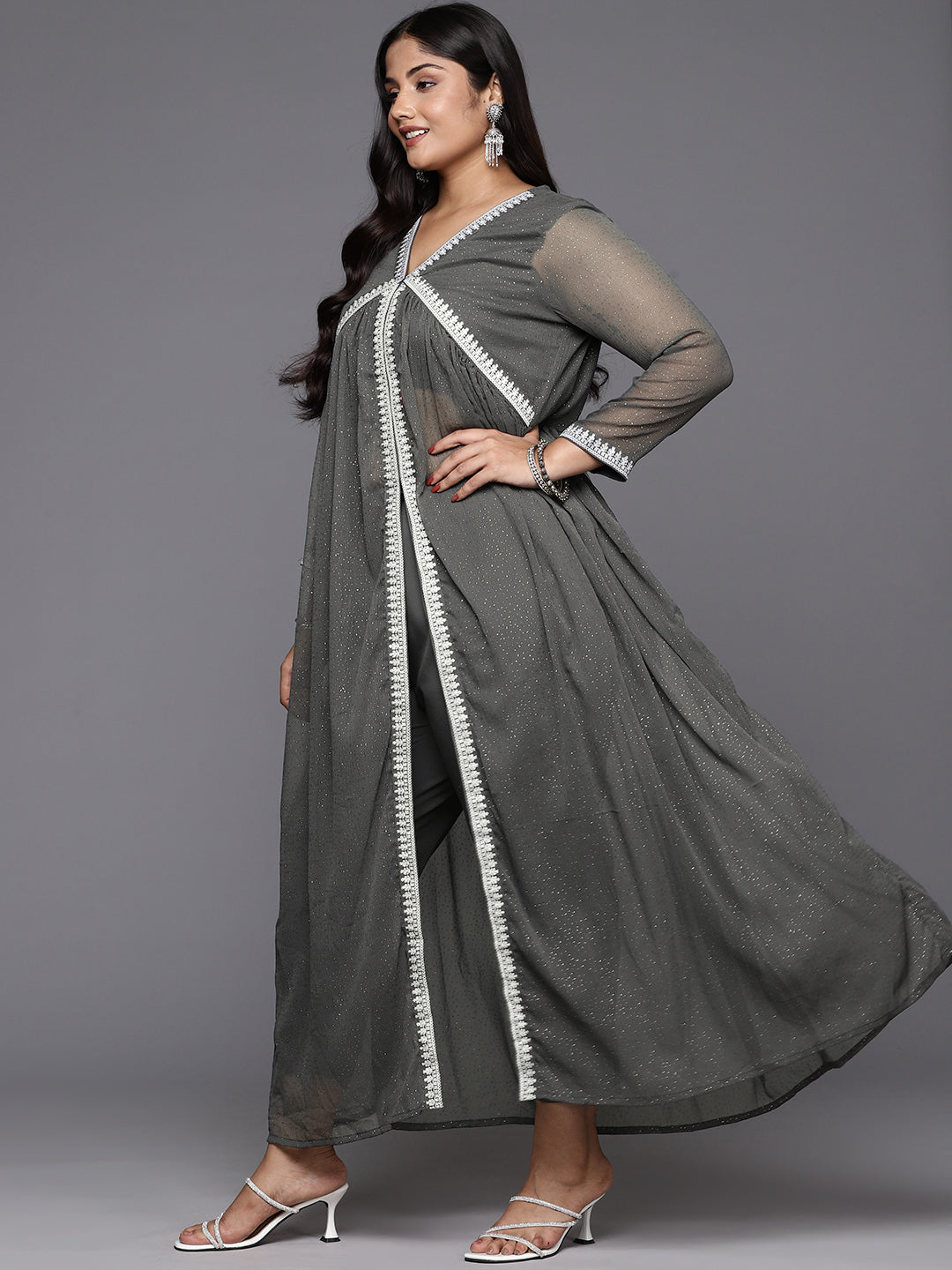 Grey Glitter Printed Plus Size High Slit Kurta with Trousers