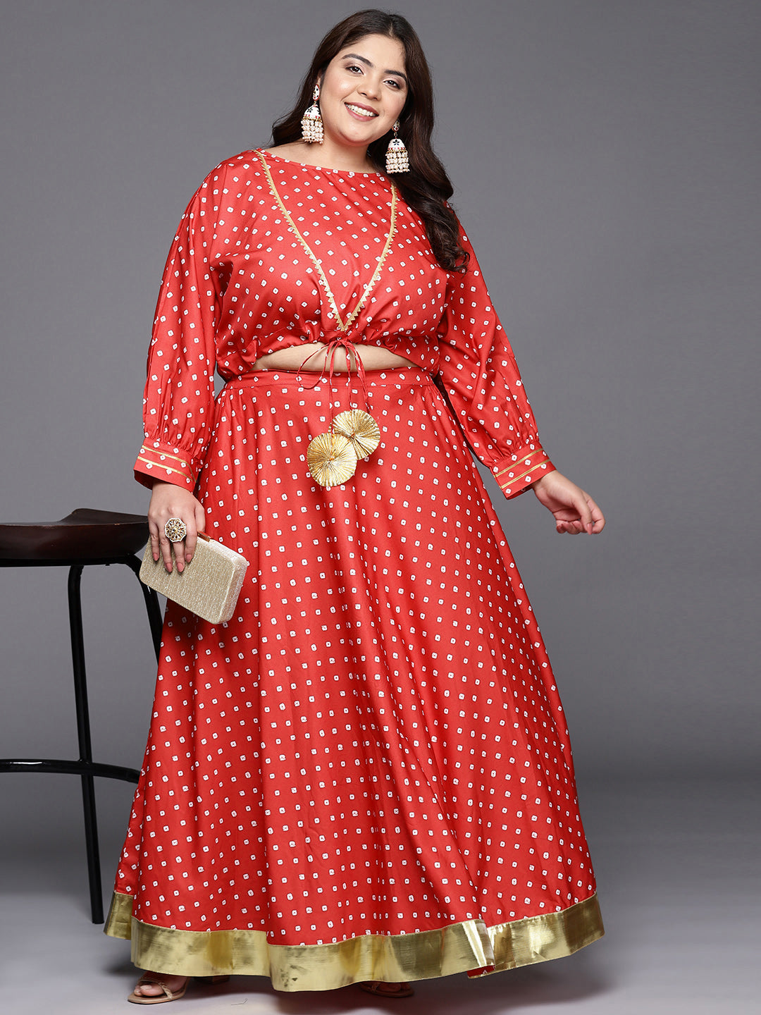 Red Printed Plus Size Top with Skirt