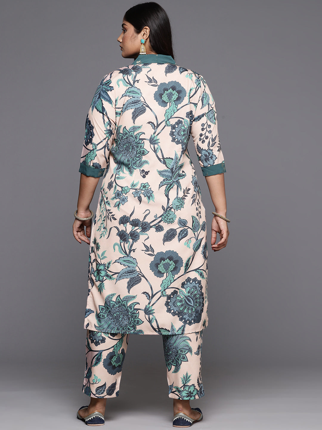 Beige & Green Floral Printed Plus Size Kurta with Trousers