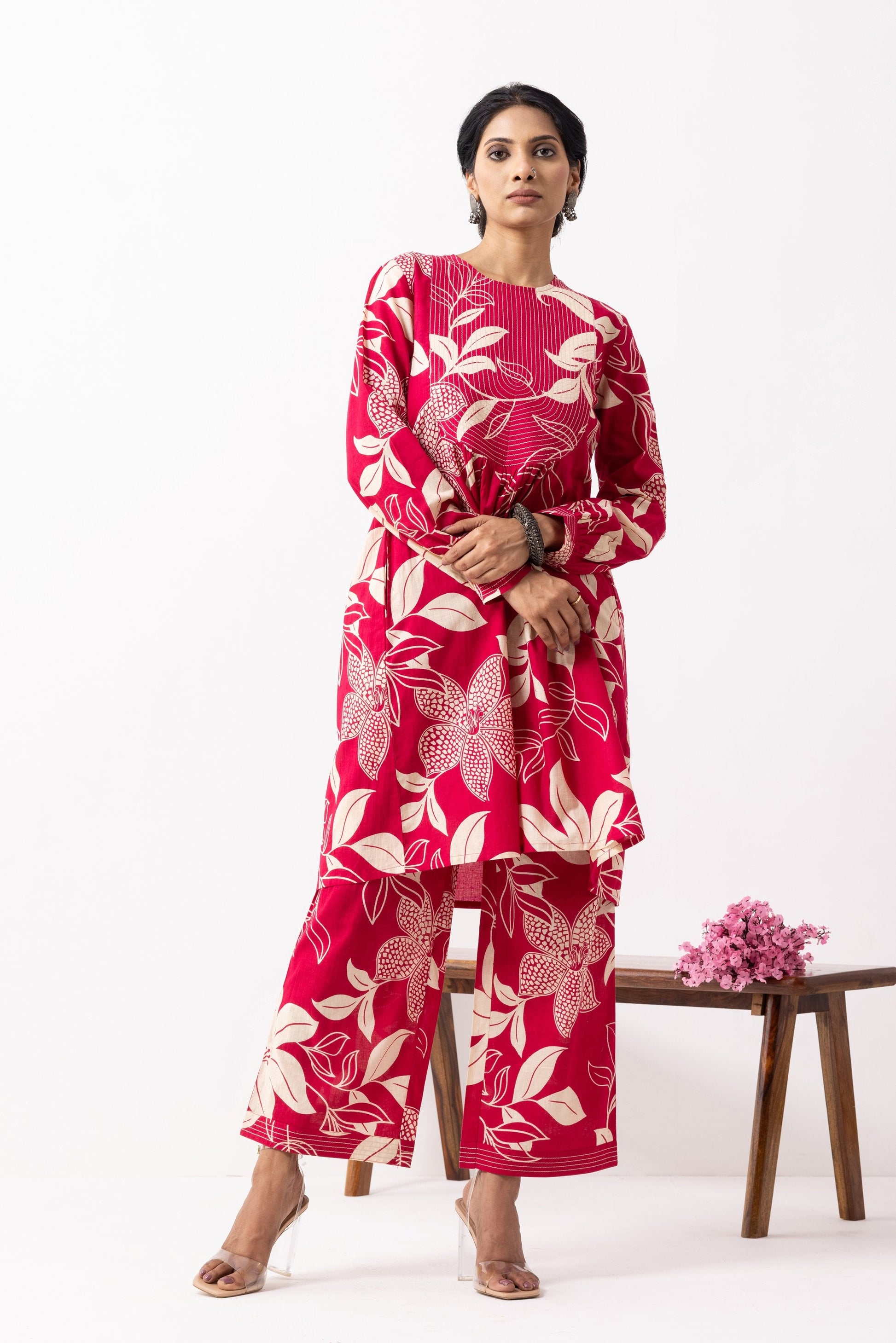 Crimson Red Block Printed Aadhira Kurta Set (Set of 2)- IC