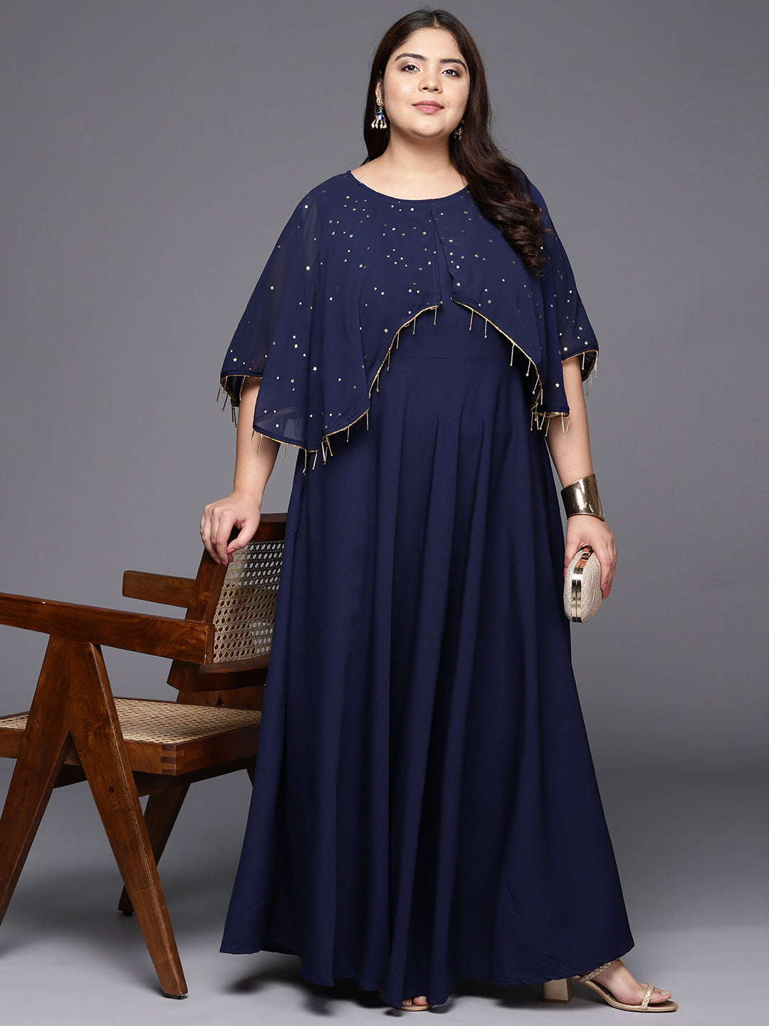 Navy Blue Plus Size Round neck Maxi Ethnic Dress-AH