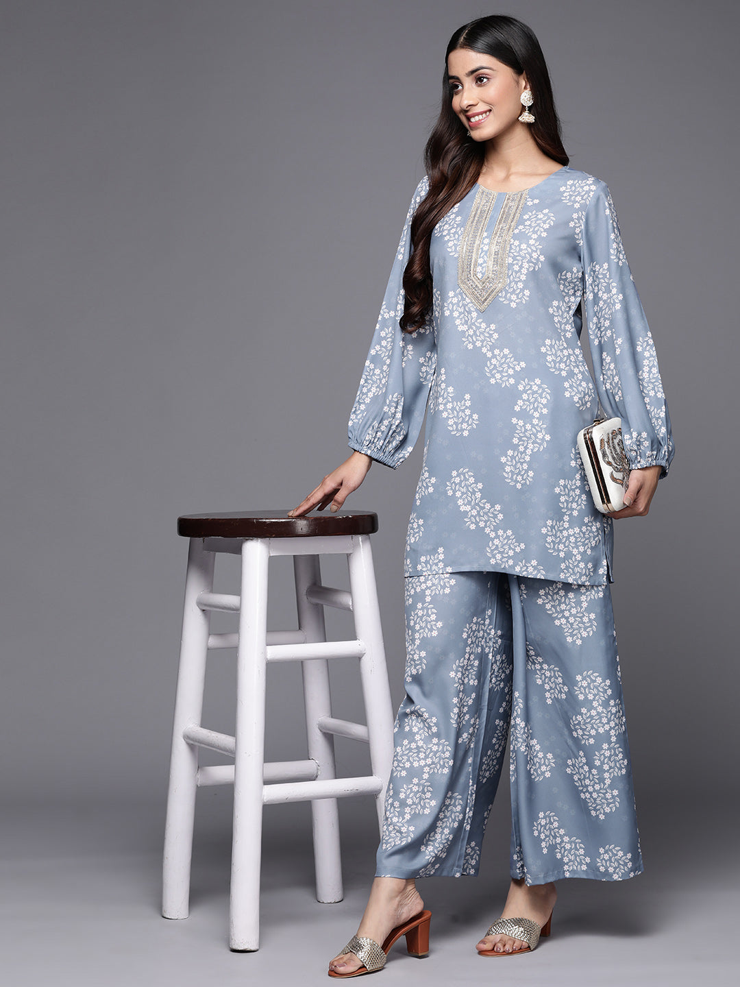 Blue Embroidered Floral Printed Co-ords