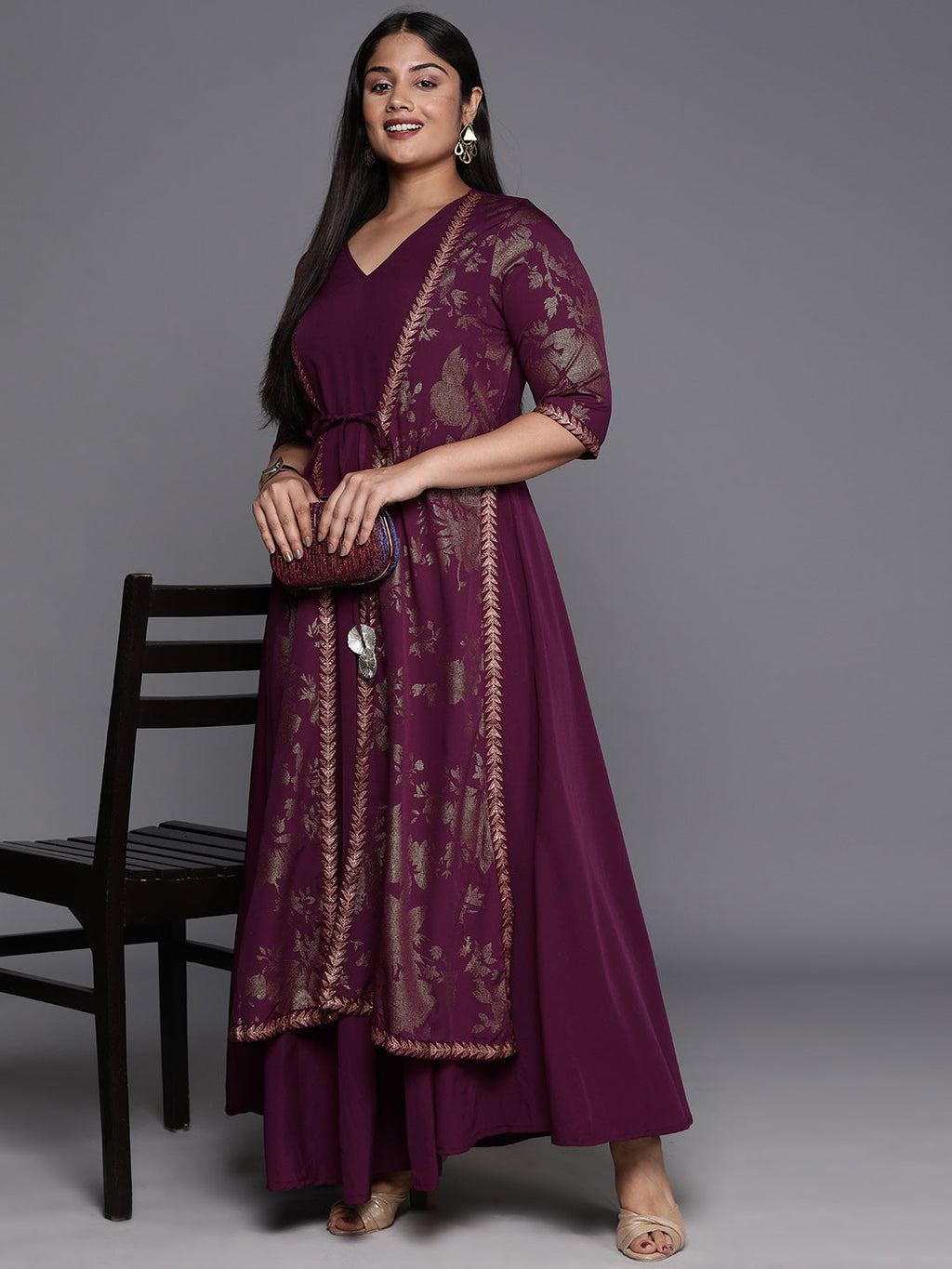 Burgundy & Gold Plus Size Floral Print A-line Maxi Ethnic Dress-AH