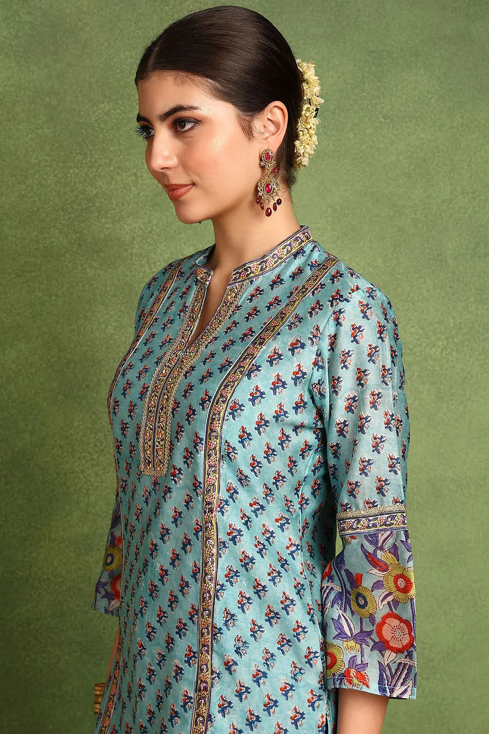 Blue Hand Block Printed Chanderi Silk Tunic