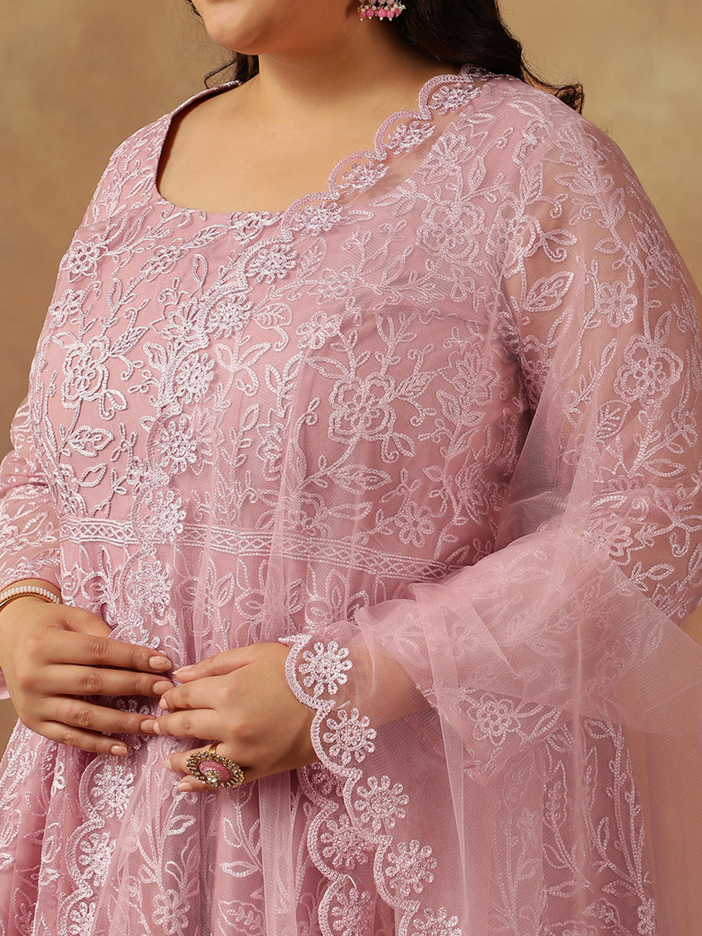 Floral Embroidered Regular Thread Work Anarkali Kurta With Trousers & Dupatta - ID