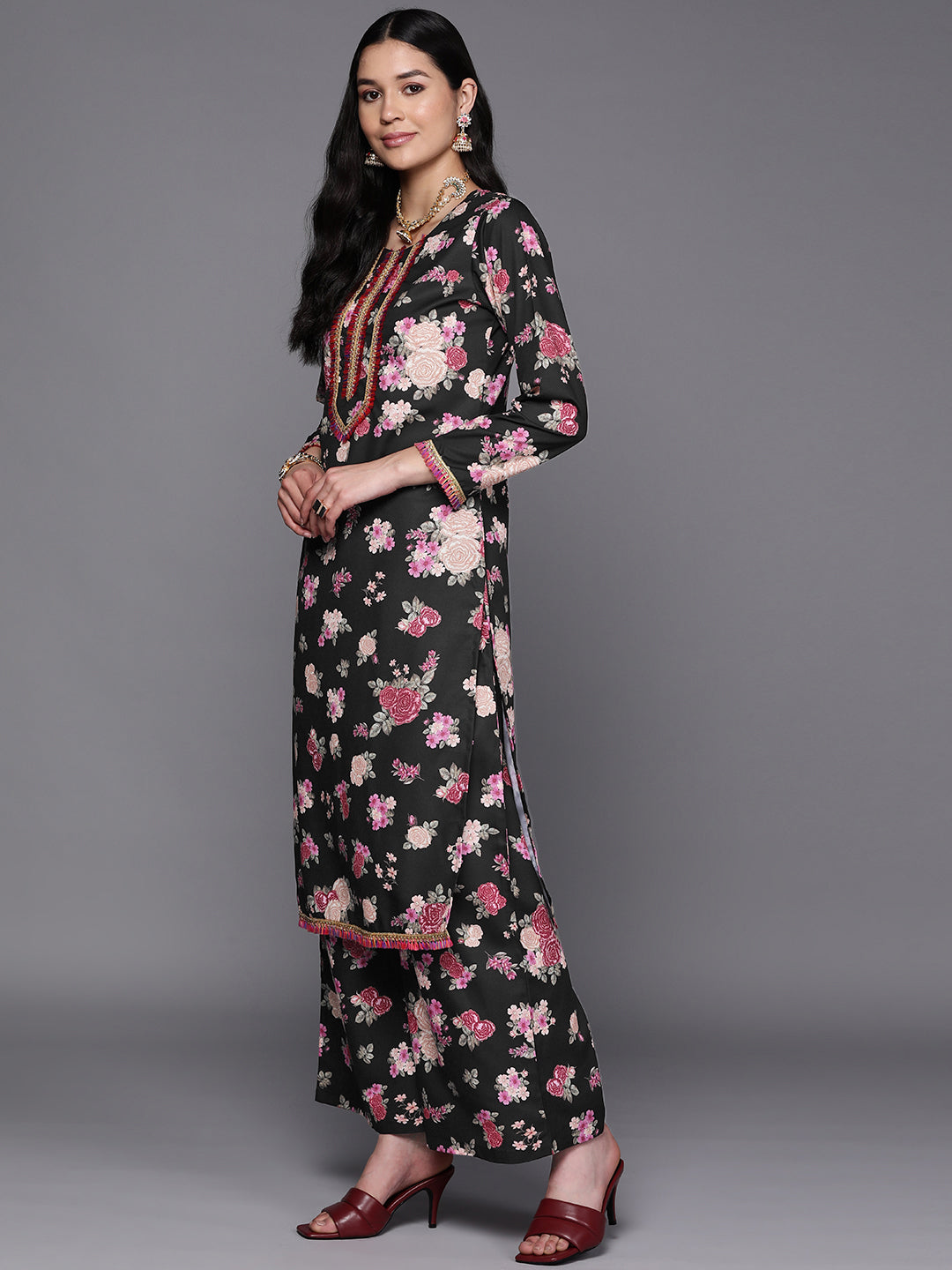 Black Floral Printed Gotta Patti Kurta with Palazzos & With Dupatta