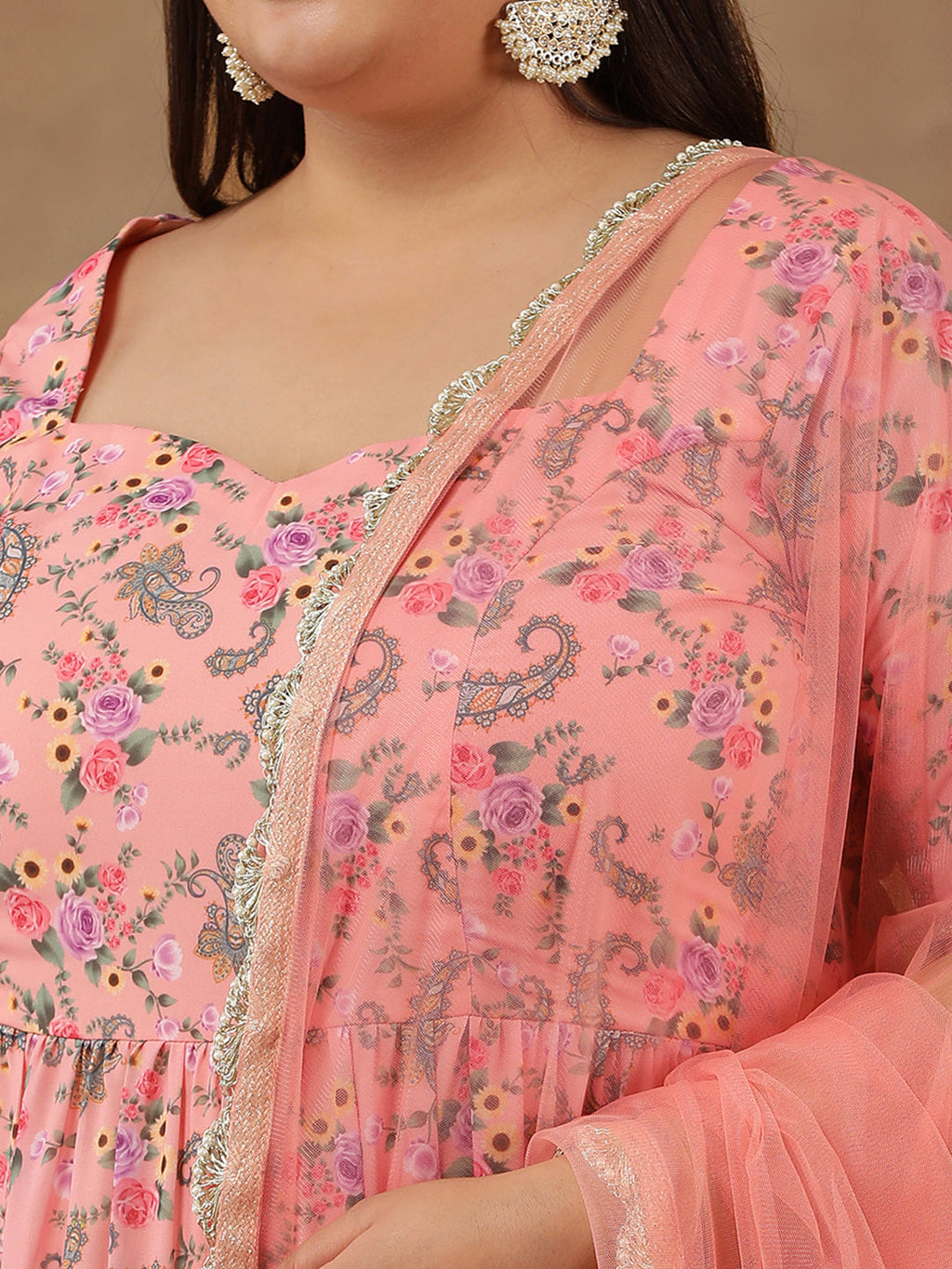 Plus Size Floral Printed Tiered Flared Kurta With Dupatta - ID