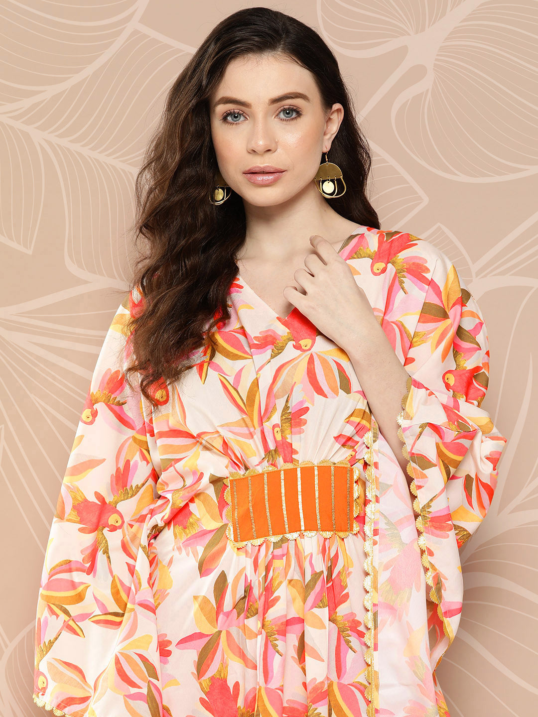 Off White & Orange Floral Printed Gotta Patti Kaftan Kurta