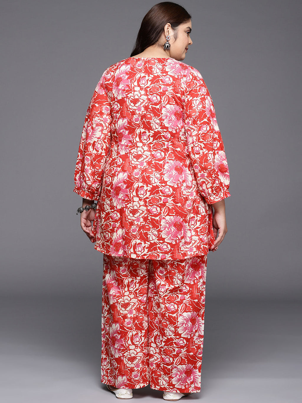 Red & White Printed Plus Size Pure Cotton Tunic with Palazzos-AH