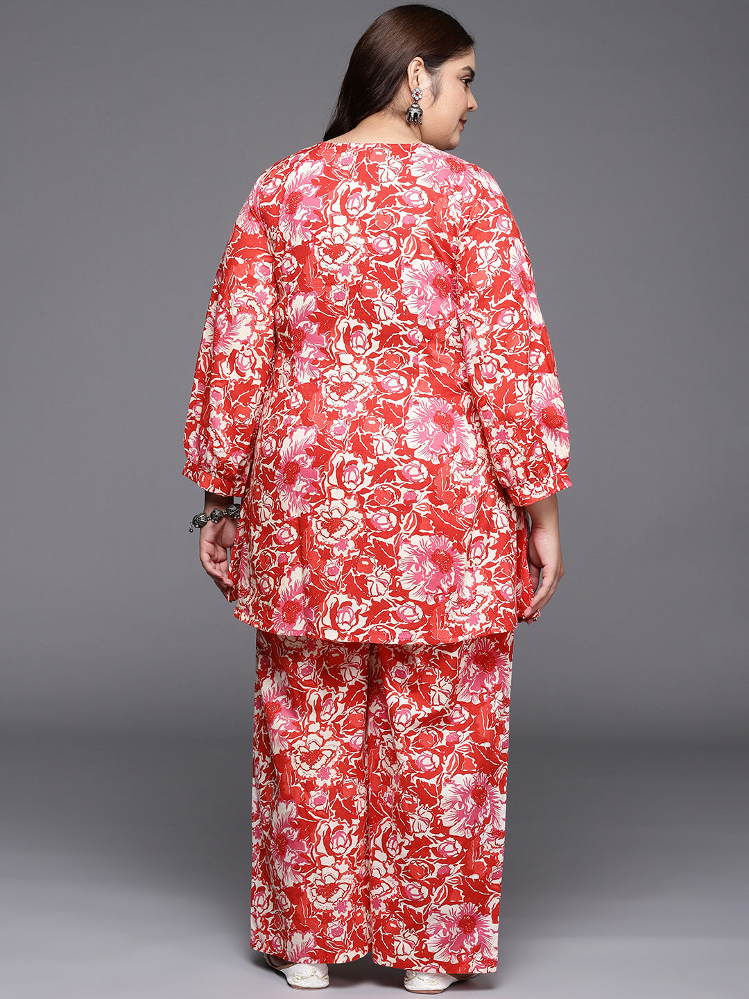 Red & White Printed Plus Size Pure Cotton Tunic with Palazzos-AH