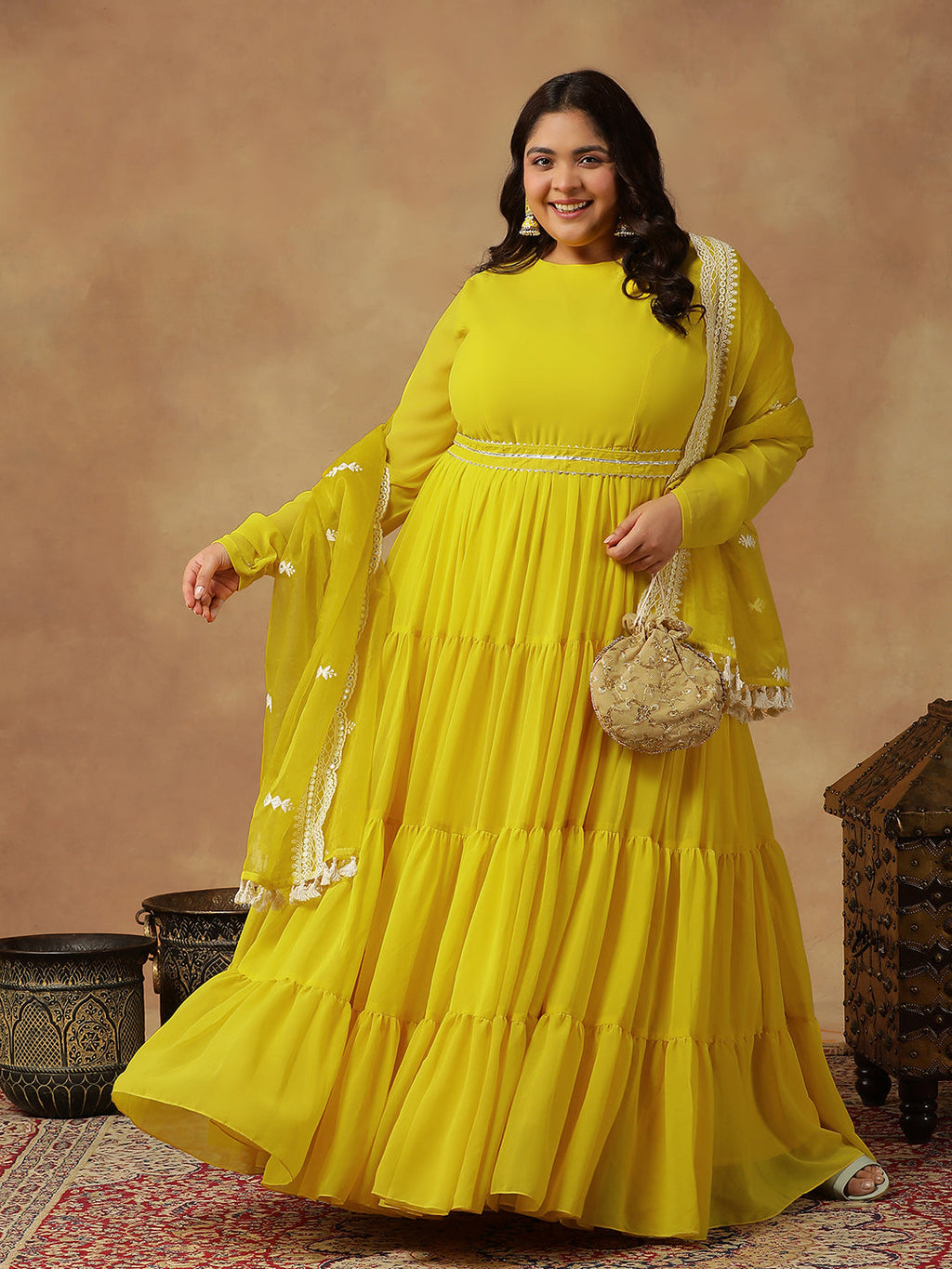 Plus Size Round Neck Georgette Zari Tiered Anarkali Kurta With Dupatta & Belt - ID