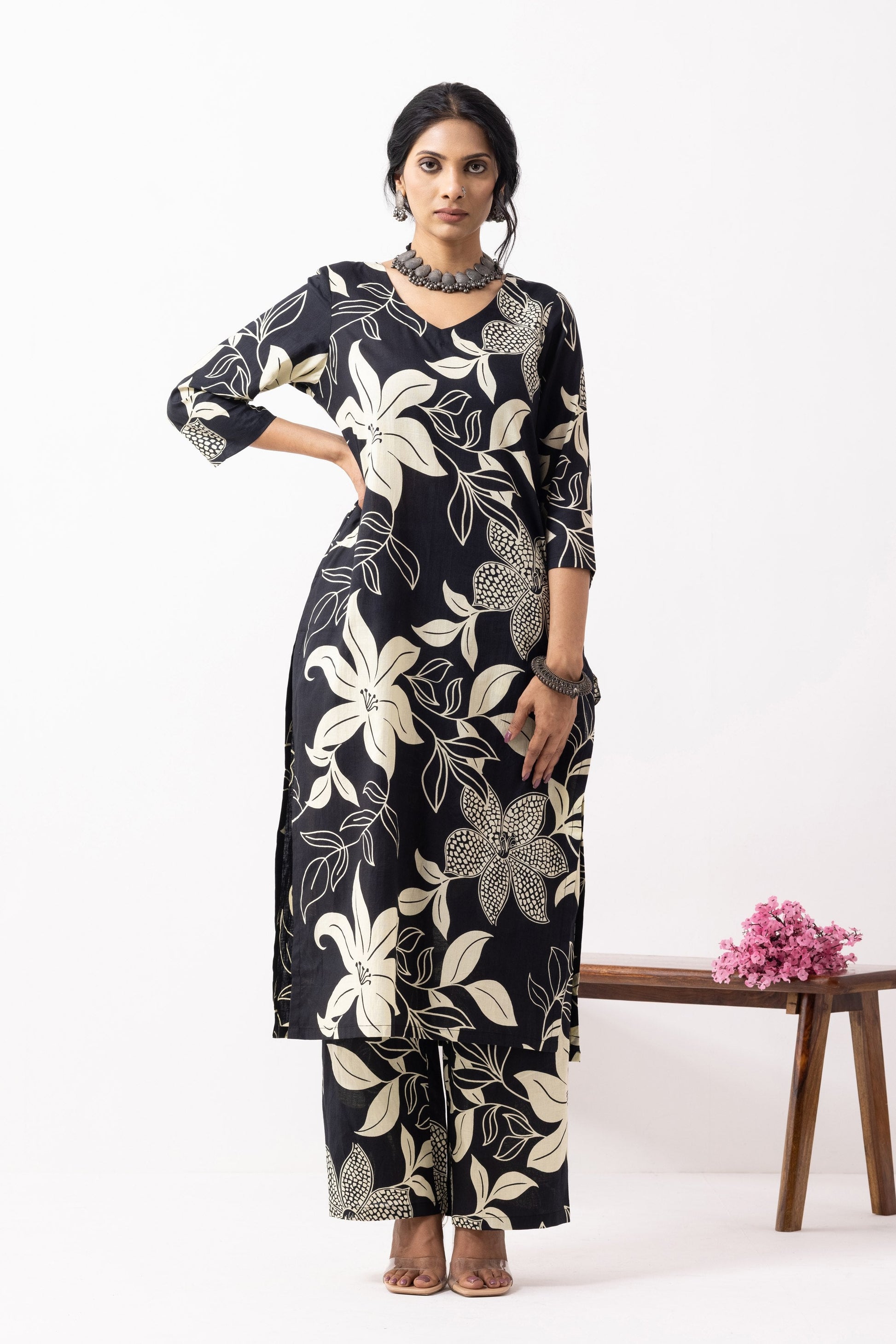 Black Block Printed Mira Kurta Set (Set of 2)- IC