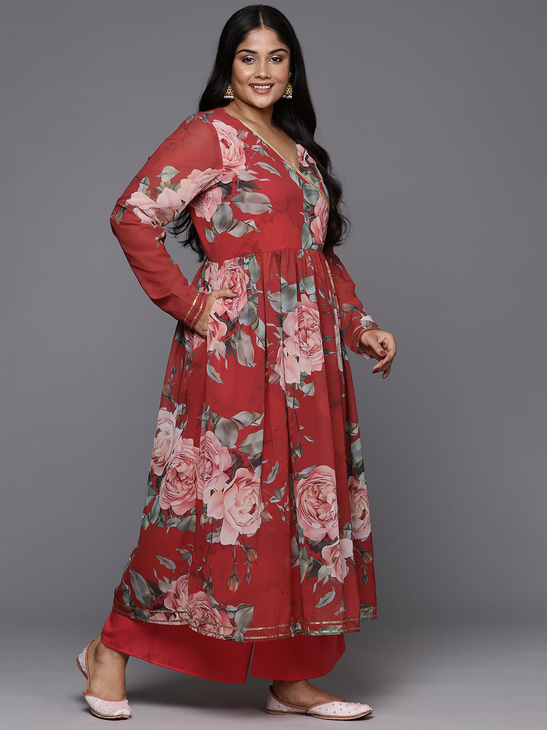 Red Floral Printed Plus Size Angrakha Kurta with Palazzos