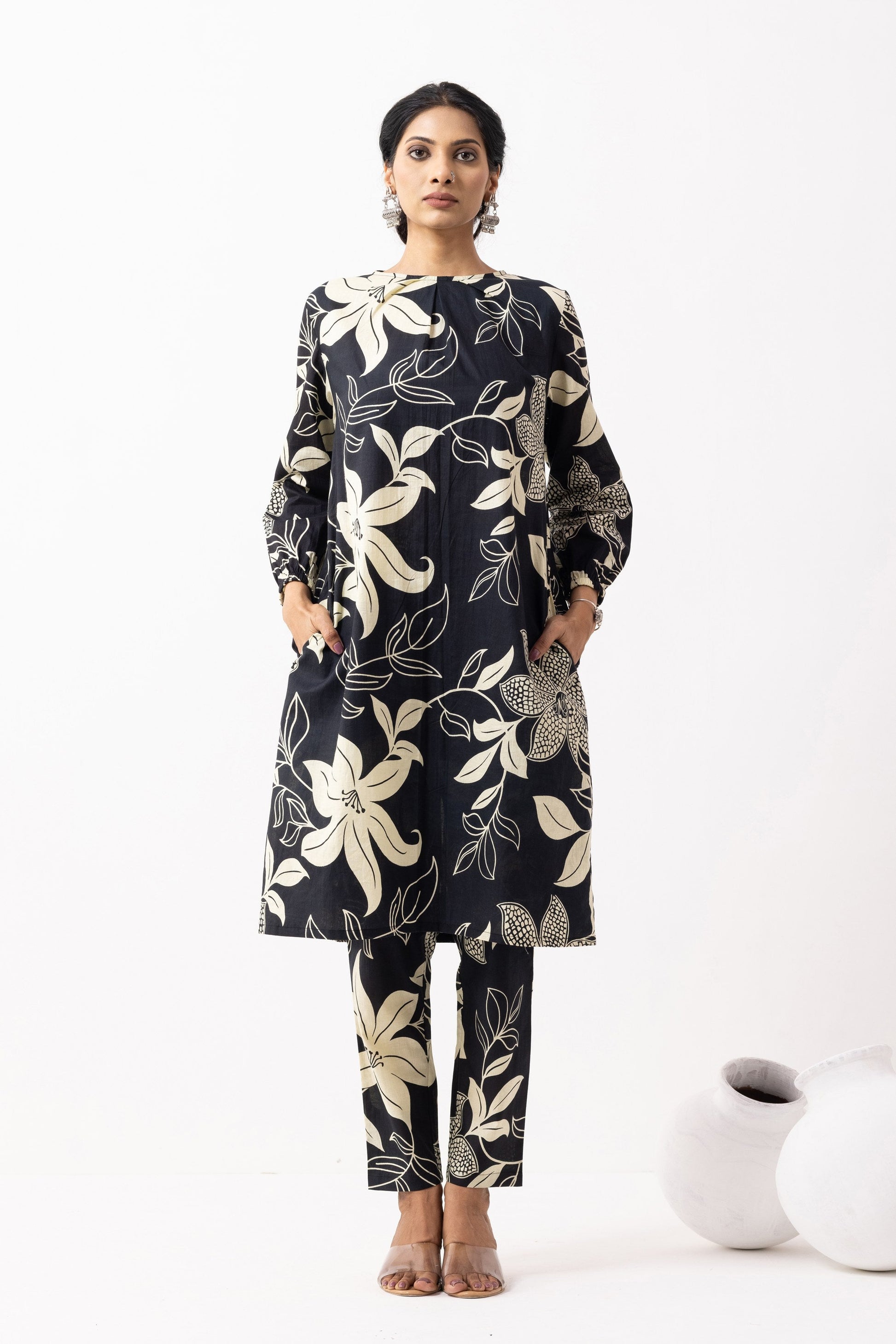 Black Block Printed Maya Kurta Set (Set of 2)- IC