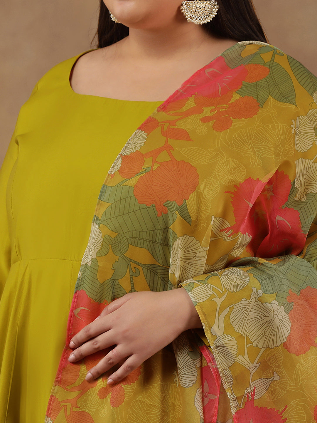 Round Neck Empire Anarkali Kurta With Trousers & Dupatta - ID