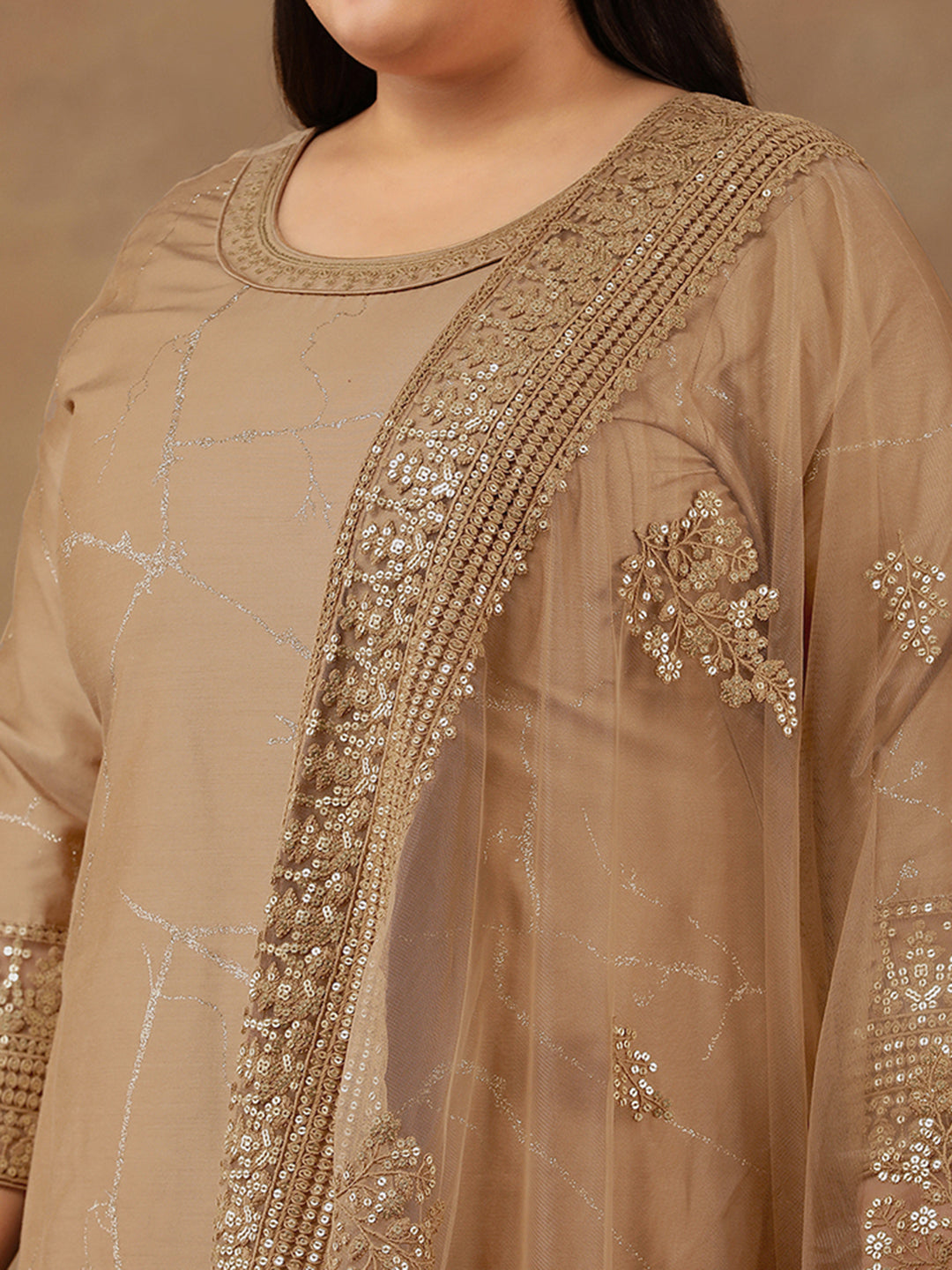 Plus Size Abstract Printed & Embroidered Kurta With Trousers & Dupatta - ID