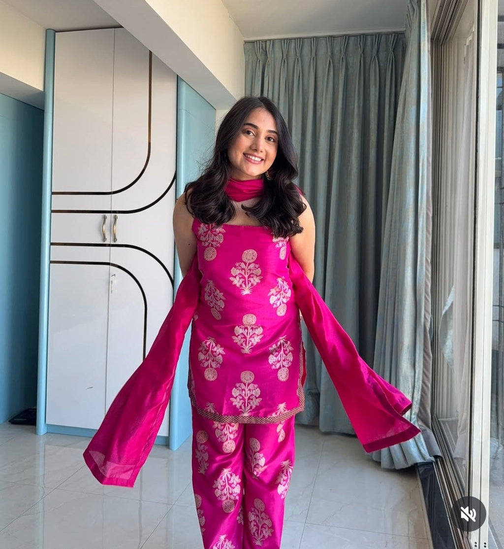 Pink Printed Kurti with Palazzos & With Dupatta-AH