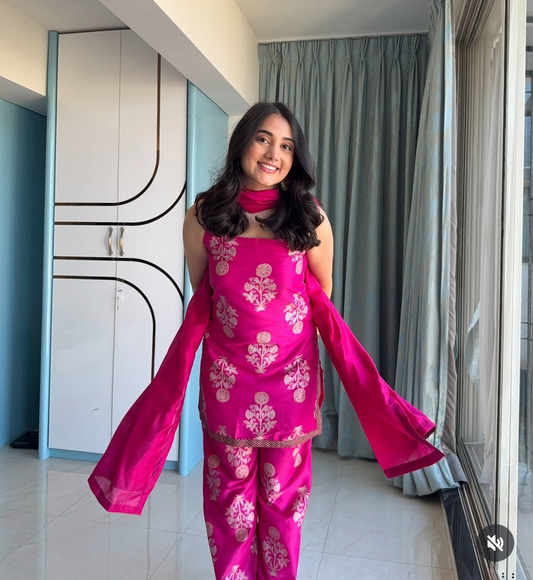 Pink Printed Kurti with Palazzos & With Dupatta-AH