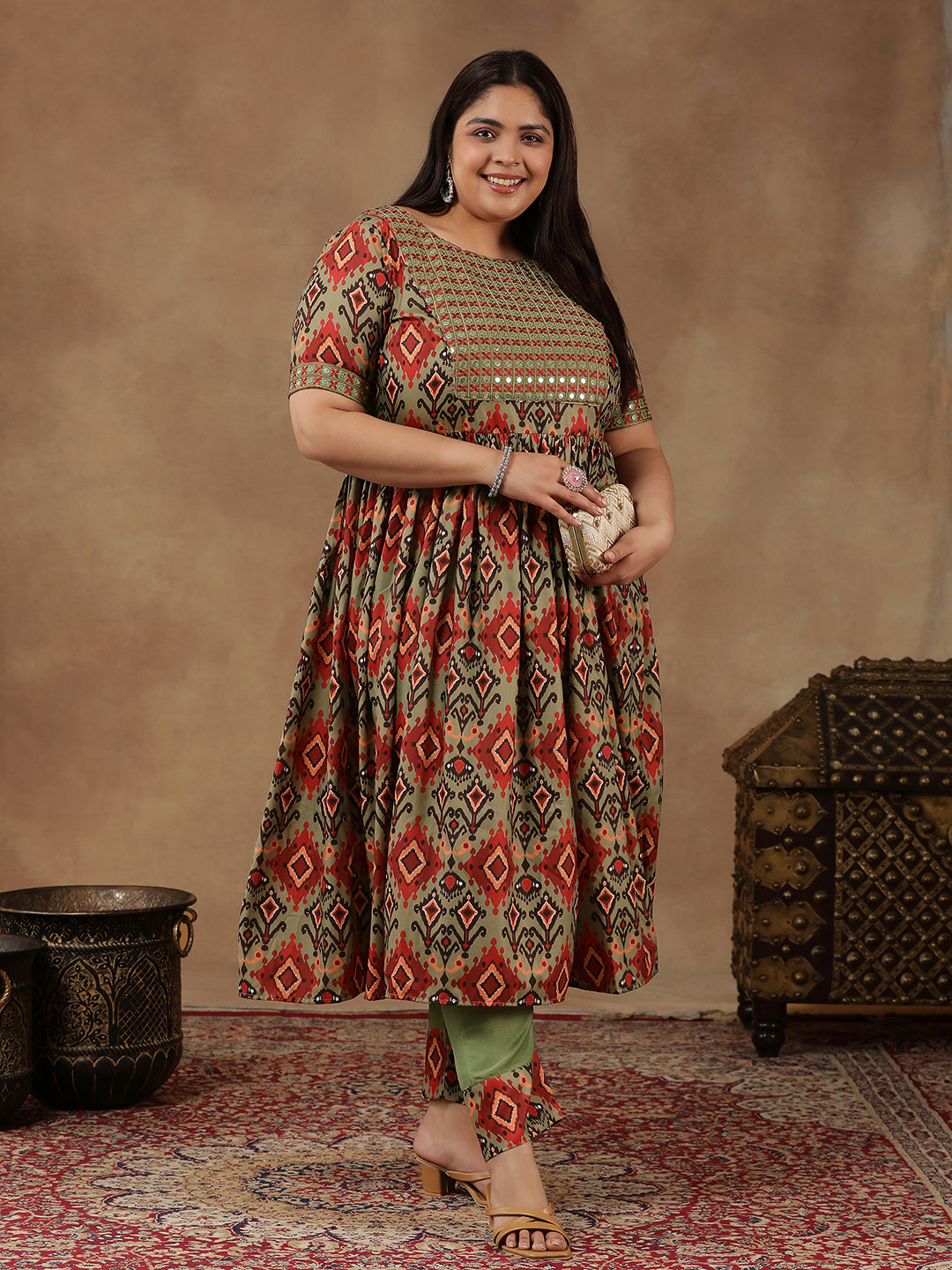 Women Ethnic Motifs Printed Pleated Sequinned Kurta with Trousers - ID