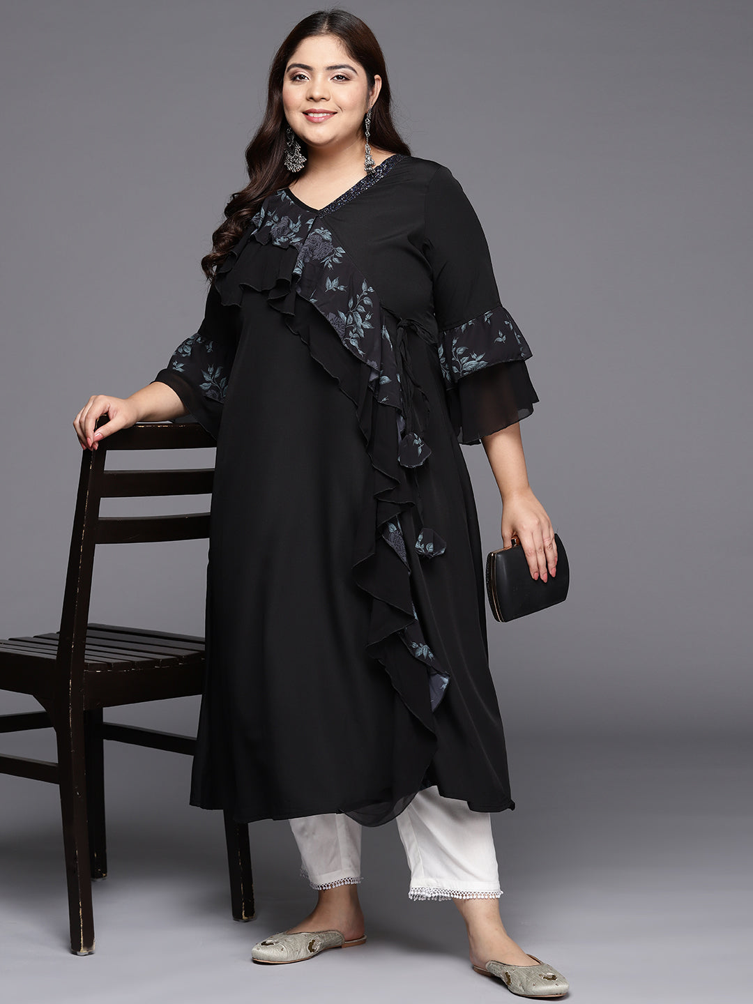 Black Floral Printed Plus Size Kurta