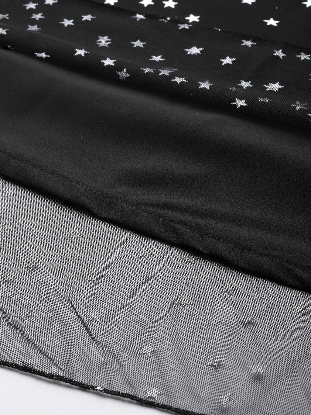 Black & Silver Plus Size Printed Maxi Ethnic Dress-AH