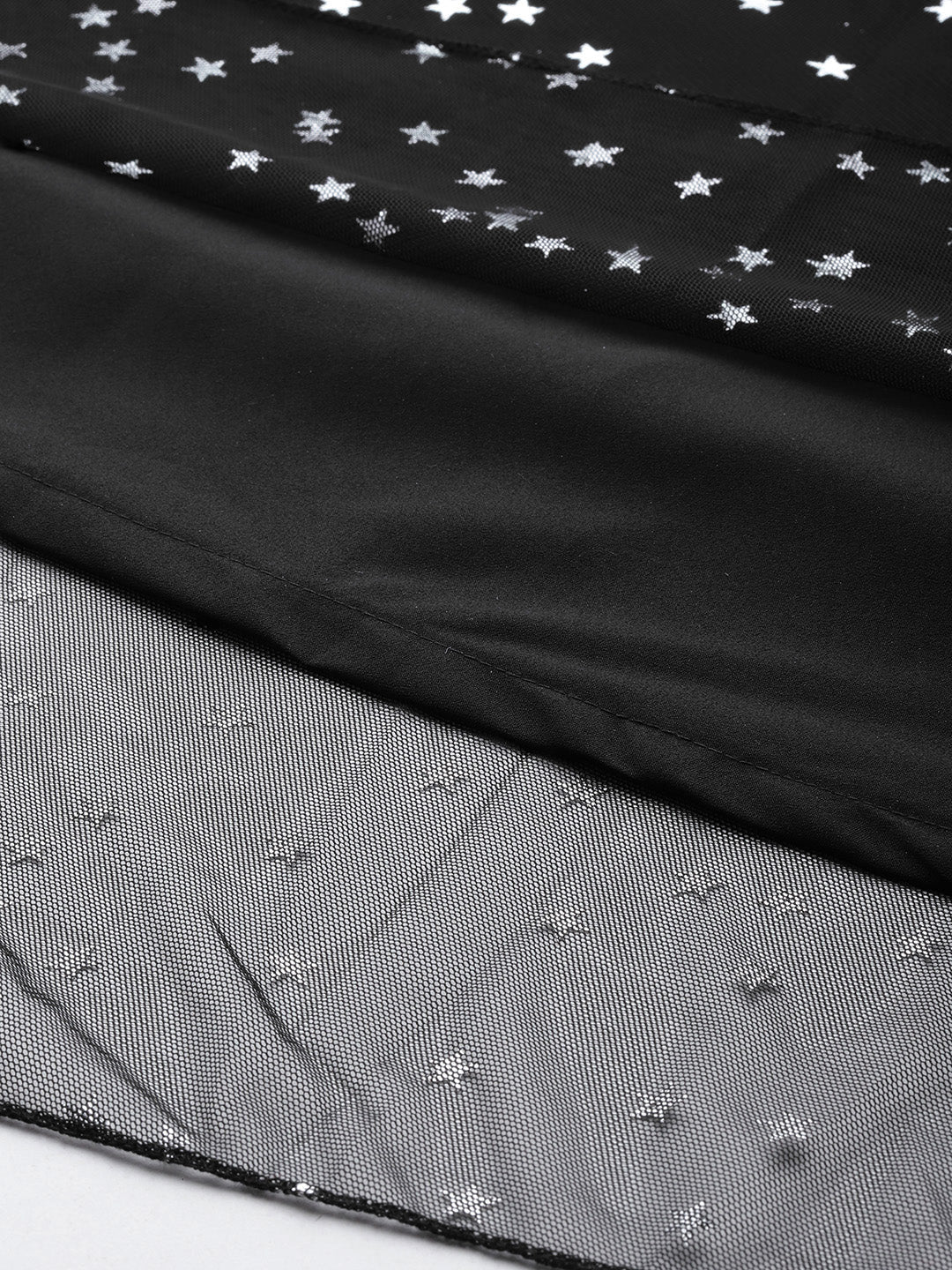 Black & Silver Plus Size Printed Maxi Ethnic Dress-AH