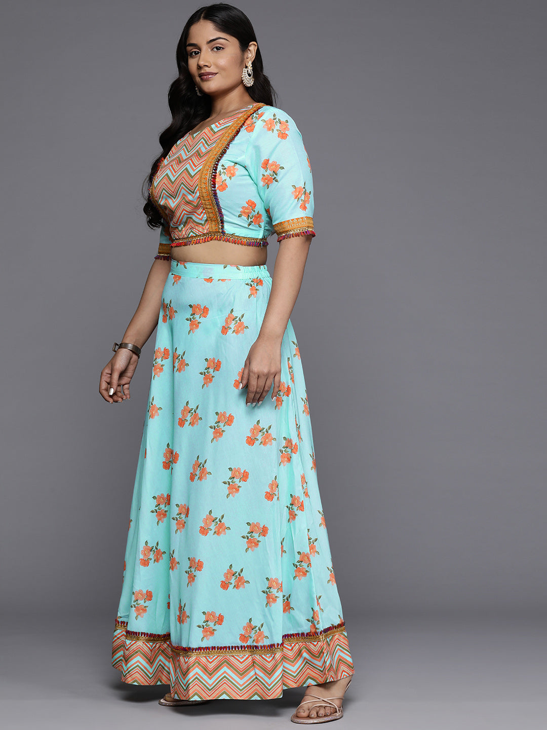 Plus Size Printed Zari Ready to Wear Lehenga & Blouse With Dupatta