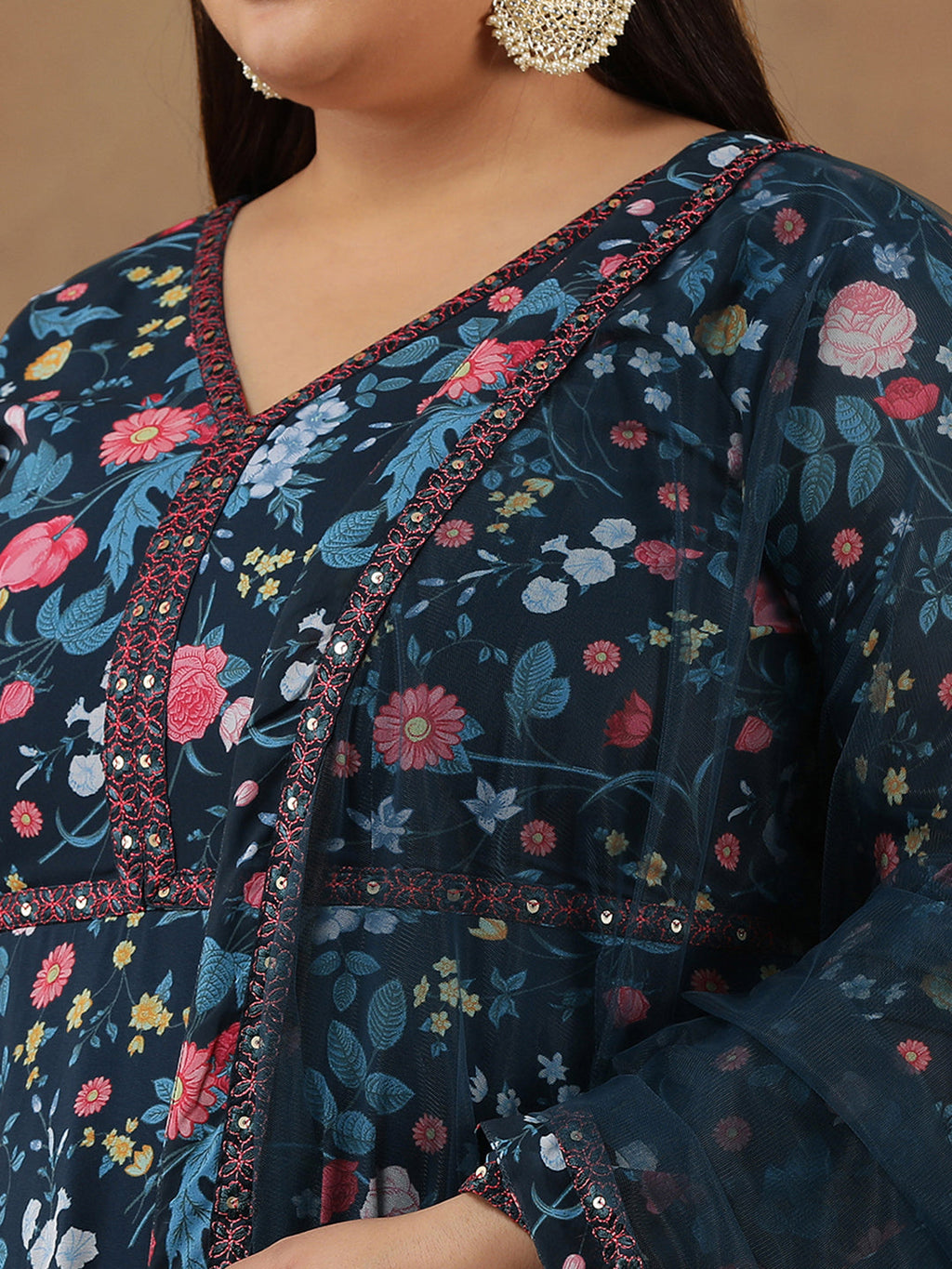 Plus Size Floral Printed Long Sleeves Georgette Anarkali Kurta With Dupatta - ID