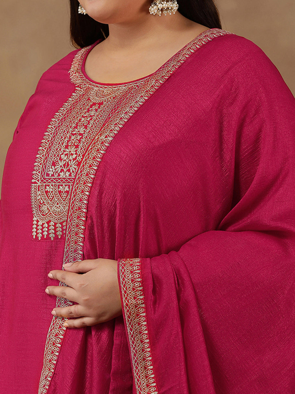 Plus Size Ethnic Motifs Embroidered Thread Work Kurta Trousers & With Dupatta - ID