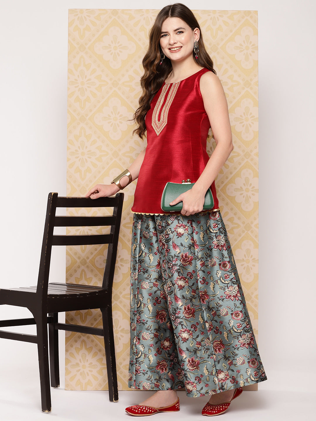Red & Green Printed Ethnic Embellished Top with Palazzos-AH