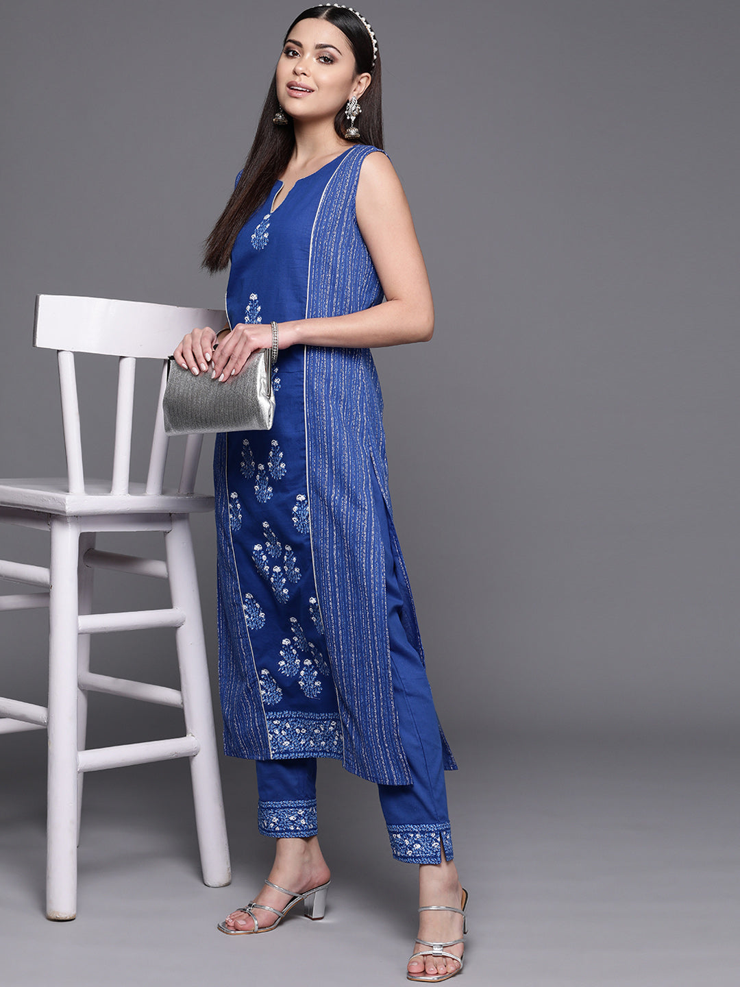 Blue Floral Printed Pure Cotton Kurta with Trousers