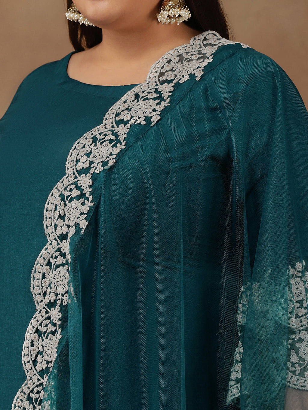 Plus Size Embroidered Thread Work Straight Kurta With Trousers & Dupatta - ID