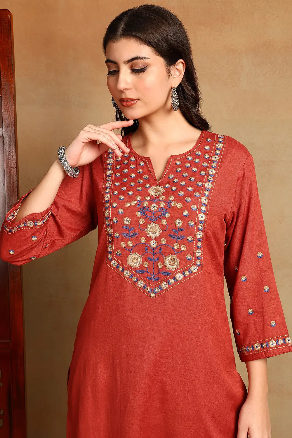 Rust Embroidered Flax Linen Kurta