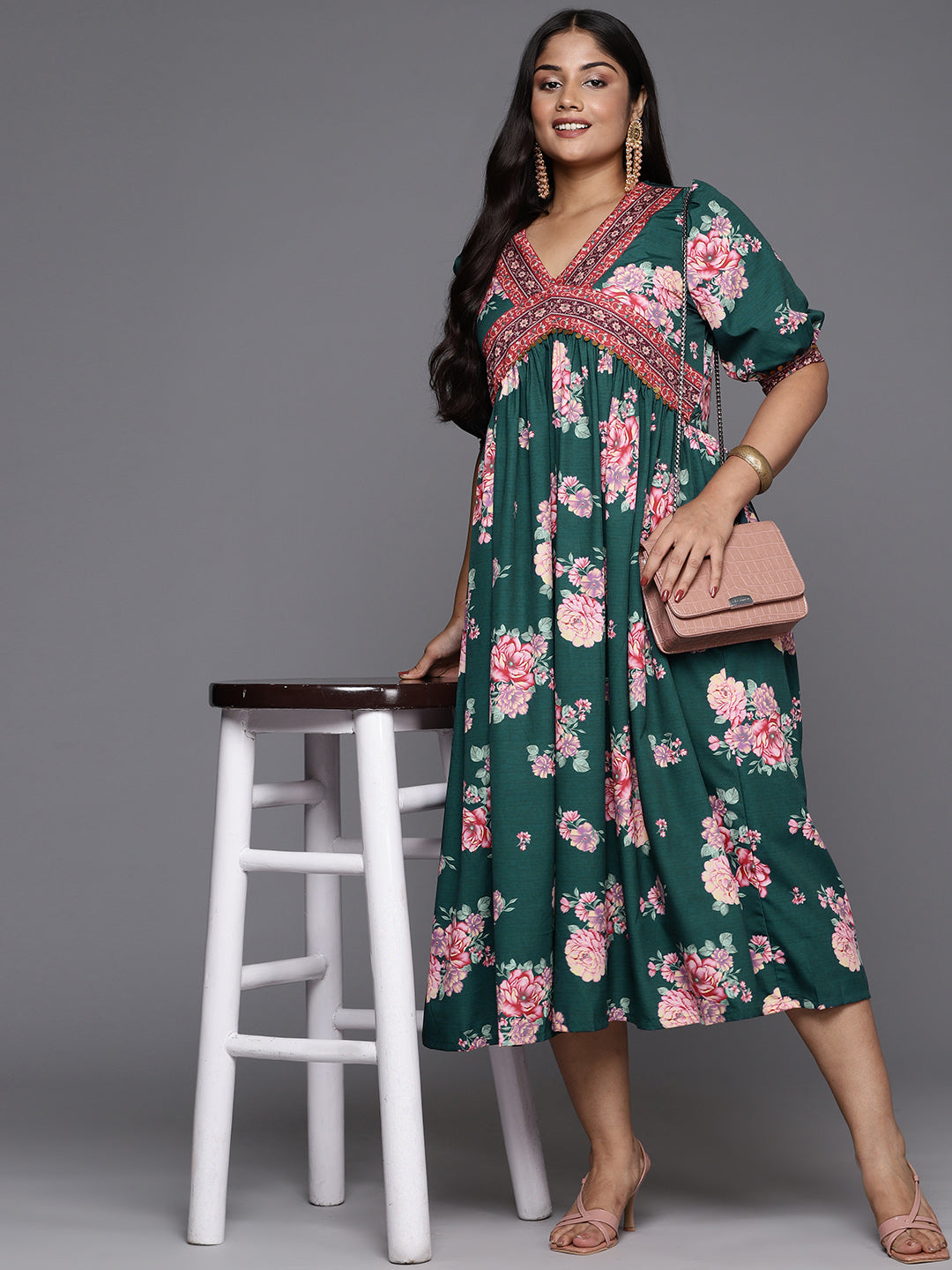 Green & Pink Plus Size Floral Printed A-Line Midi Dress