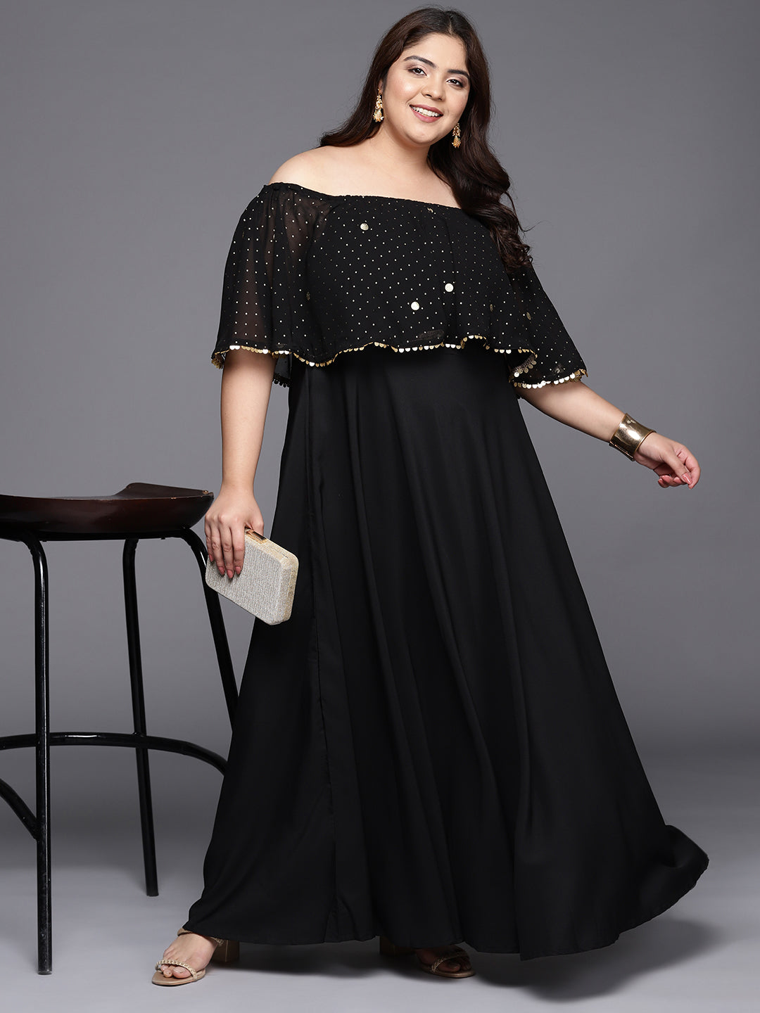 Black & Gold Plus Size Off-Shoulder Maxi Ethnic Dress