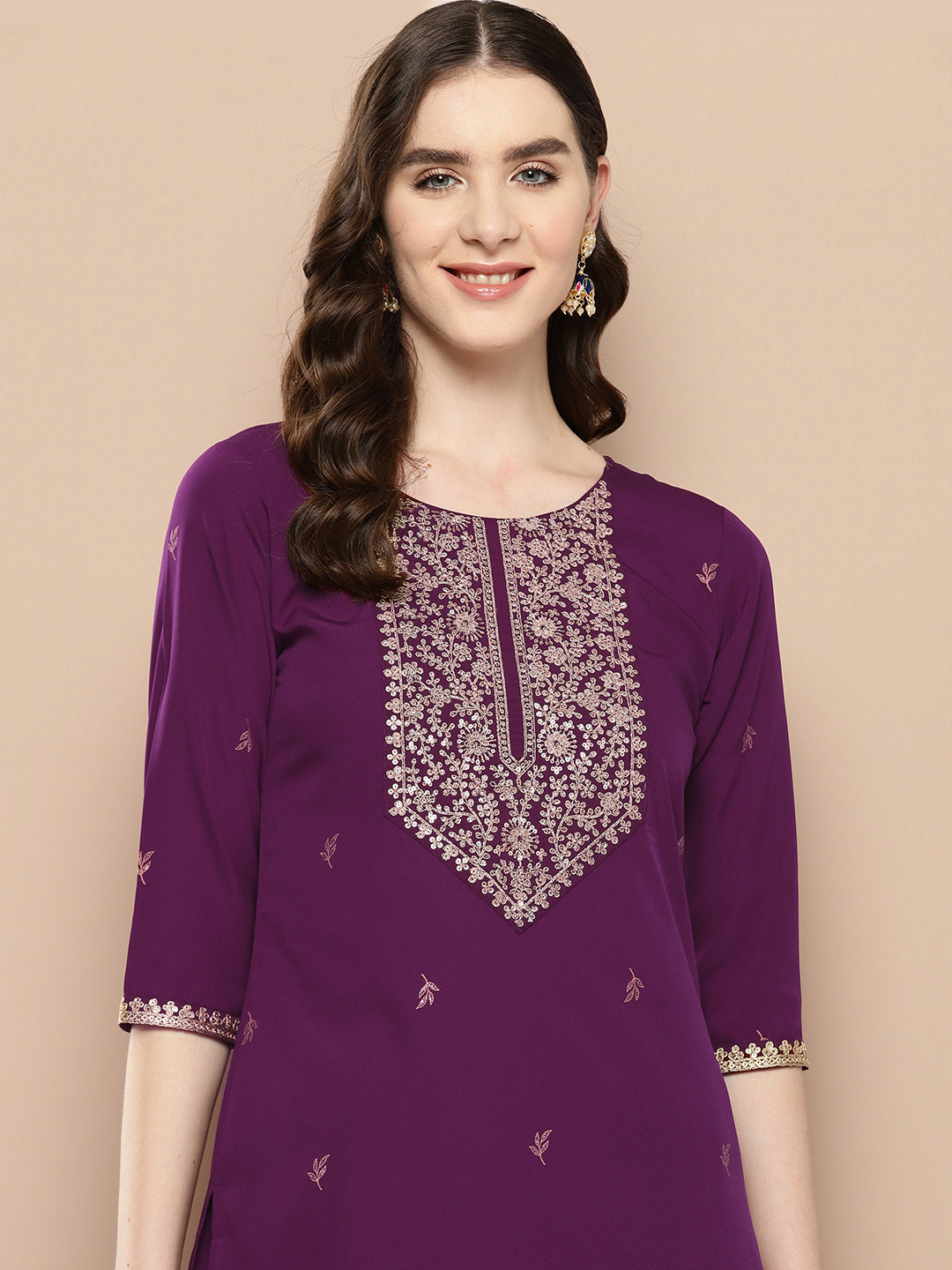 Burgundy Floral Yoke Design Kurta with Palazzos