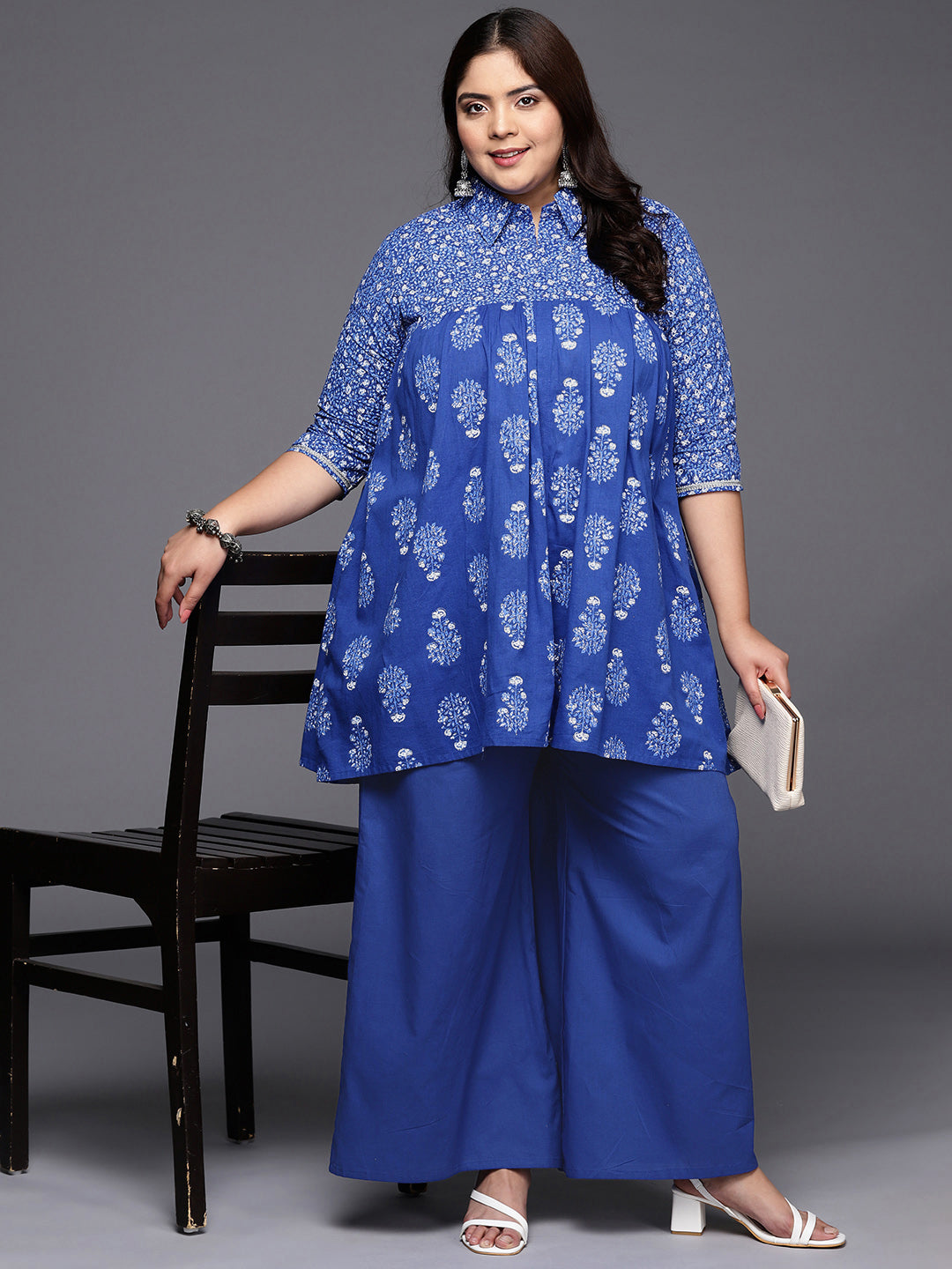 Blue Printed Plus Size Pure Cotton Tunic with Palazzos-AH