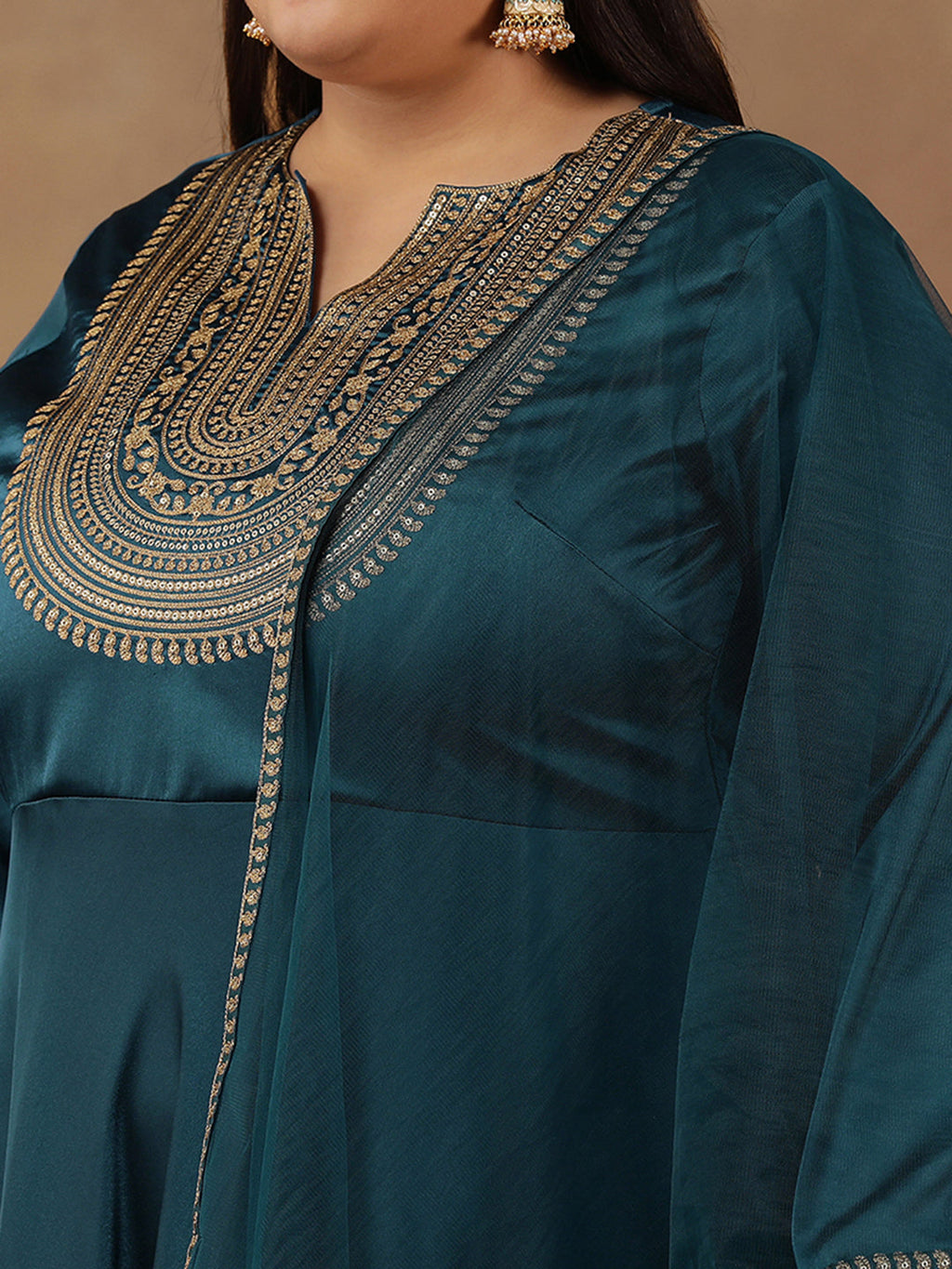 Floral Yoke Design Sequinned Satin Anarkali Kurta with Dupatta - ID