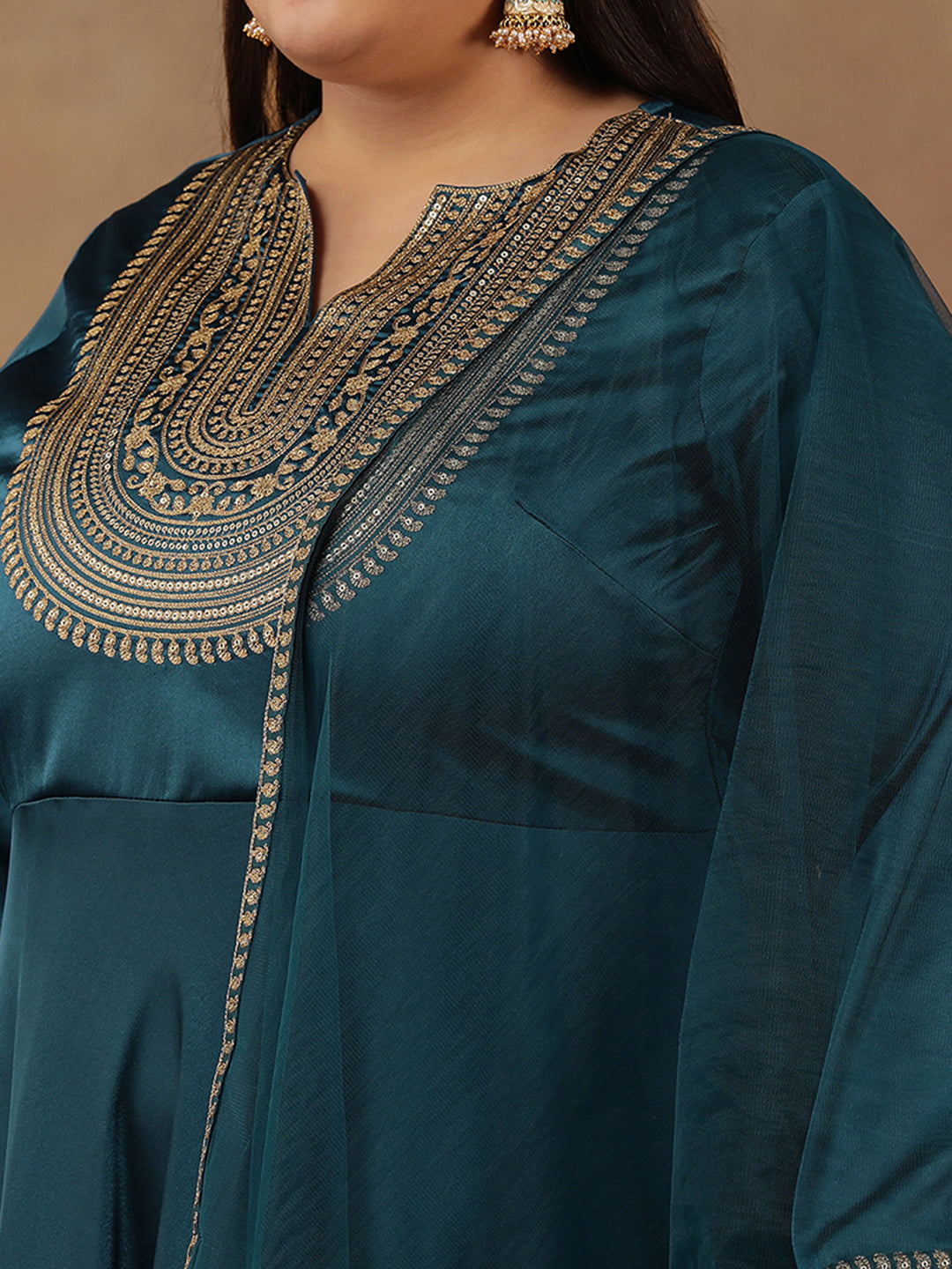 Floral Yoke Design Sequinned Satin Anarkali Kurta with Dupatta - ID