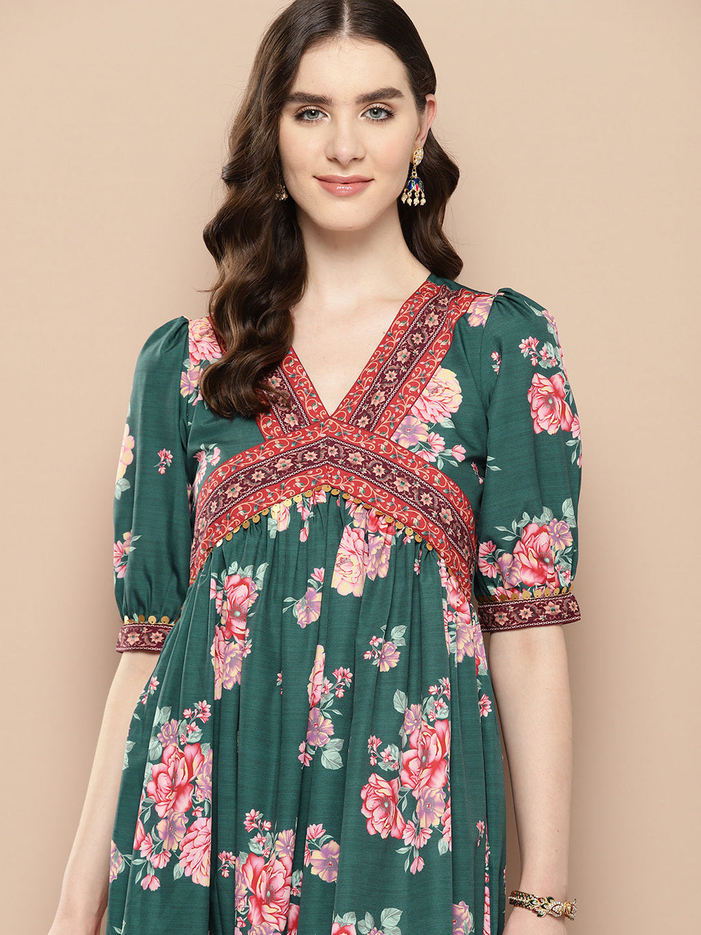 Green Floral Printed Empire Ethnic Dress-AH