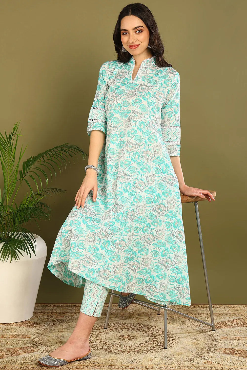 Green Printed 'A' Line Sanganeri Kurta