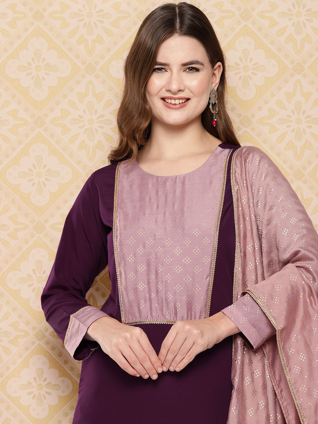 Burgundy Yoke Design Kurta with Trousers & With Dupatta